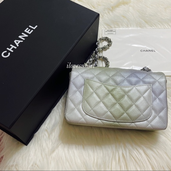 {CHANEL} Metallic Goatskin Quilted Mini Rectangular Flap Grey Green - Picture 10 of 10